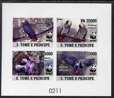 St Thomas & Prince Islands 2009 WWF - Parrots imperf de-luxe sheetlet containing 4 values on thin card, stamps on , stamps on  wwf , stamps on birds, stamps on parrots
