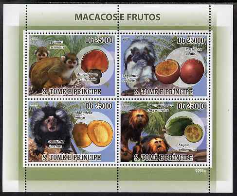 St Thomas & Prince Islands 2009 Macaque Monkeys & Fruit perf sheetlet containing 4 values unmounted mint, stamps on animals, stamps on monkeys, stamps on apes, stamps on fruit