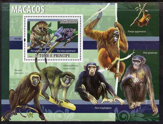 St Thomas & Prince Islands 2009 Macaque Monkeys & Fruit perf s/sheet unmounted mint, stamps on , stamps on  stamps on animals, stamps on  stamps on monkeys, stamps on  stamps on apes, stamps on  stamps on fruit