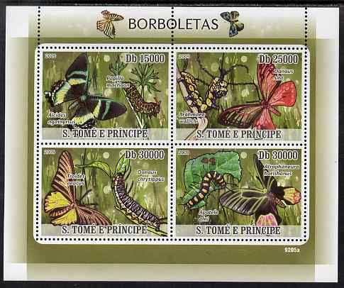 St Thomas & Prince Islands 2009 Butterflies & Catterpillars perf sheetlet containing 4 values unmounted mint, stamps on butterflies