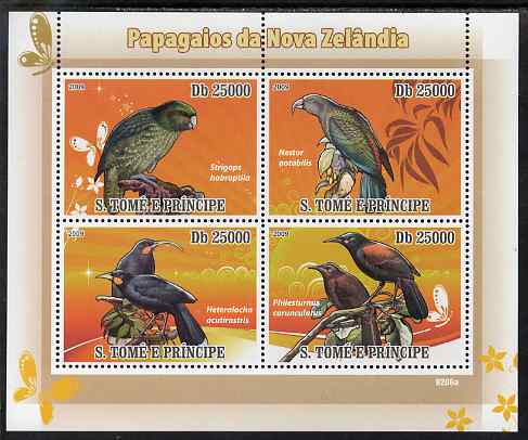 St Thomas & Prince Islands 2009 Parrots of New Zealand perf sheetlet containing 4 values unmounted mint, stamps on birds, stamps on parrots