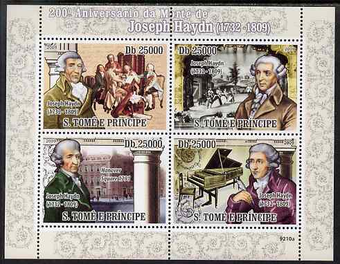 St Thomas & Prince Islands 2009 Joseph Haydn perf sheetlet containing 4 values unmounted mint, stamps on personalities, stamps on music, stamps on composers, stamps on haydn