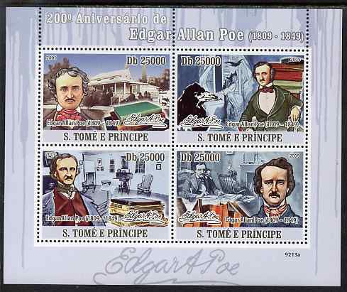St Thomas & Prince Islands 2009 200th Birth Anniversary of Edgar Allan Poe perf sheetlet containing 4 values unmounted mint, stamps on personalities, stamps on literature, stamps on poetry, stamps on americana