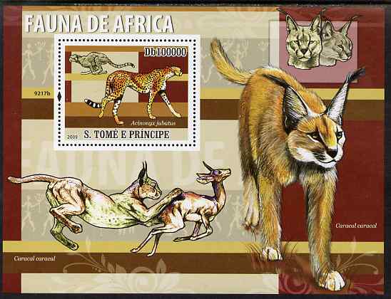St Thomas & Prince Islands 2009 Animals of Africa - Cheetahs perf s/sheet unmounted mint, stamps on animals, stamps on cats