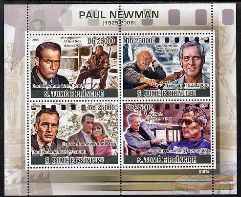 St Thomas & Prince Islands 2009 Paul Newman perf sheetlet containing 4 values unmounted mint, stamps on personalities, stamps on films, stamps on cinema, stamps on movies, stamps on 