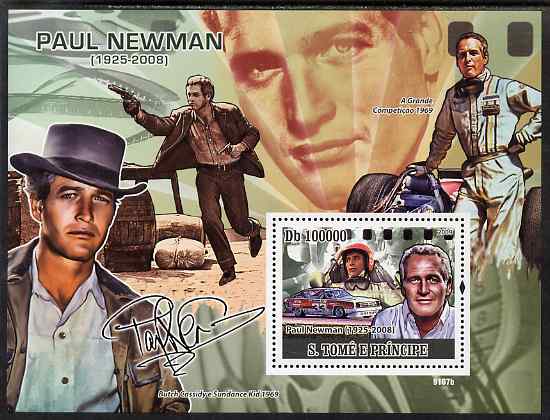 St Thomas & Prince Islands 2009 Paul Newman perf s/sheet unmounted mint, stamps on , stamps on  stamps on personalities, stamps on  stamps on films, stamps on  stamps on cinema, stamps on  stamps on movies, stamps on  stamps on cars