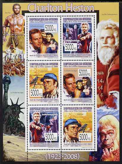 Guinea - Conakry 2008 Celebrities - Charlton Heston perf sheetlet containing 6 values unmounted mint, Michel 5638-43, stamps on personalities, stamps on films, stamps on cinema, stamps on movies, stamps on statue of liberty, stamps on apes, stamps on judaica, stamps on judaism, stamps on birds