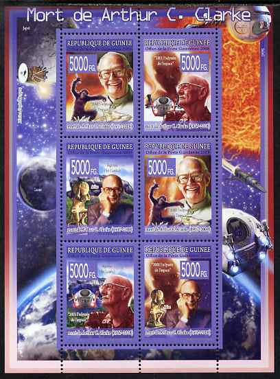 Guinea - Conakry 2008 Death of Arthur C Clarke perf sheetlet containing 6 values unmounted mint, Michel 5684-89, stamps on personalities, stamps on space, stamps on sci-fi, stamps on literature