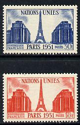 France 1951 UN General Assembly set of 2 (Eiffel Tower) unmounted mint SG 1132-33, stamps on united nations, stamps on monuments, stamps on civil engineering, stamps on eiffel tower