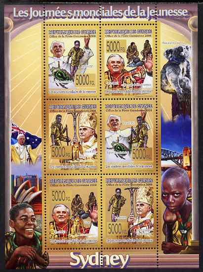 Guinea - Conakry 2008 World Youth Day (Pope & Scouts) perf sheetlet containing 6 values unmounted mint, Michel 5726-31, stamps on scouts, stamps on pope, stamps on opera, stamps on flags, stamps on bridges, stamps on bears