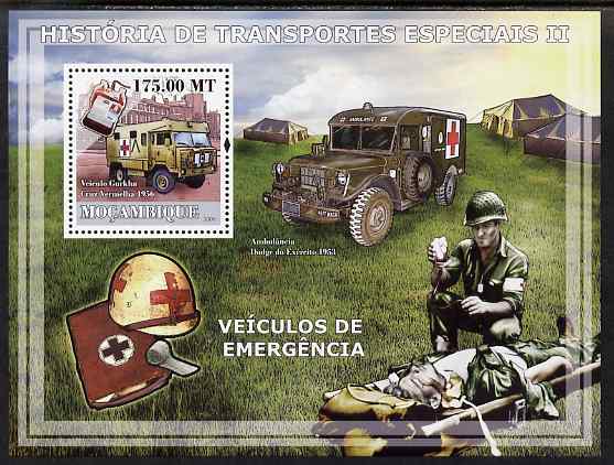 Mozambique 2009 History of Transport - Ambulances perf s/sheet unmounted mint, stamps on transport, stamps on ambulances, stamps on medical, stamps on dodge