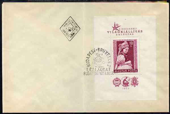 Hungary 1958 Brussels International Exhibition m/sheet on piece fine used with special Exhibition cancel, SG MS 1512a, stamps on exhibitions, stamps on expo, stamps on costumes