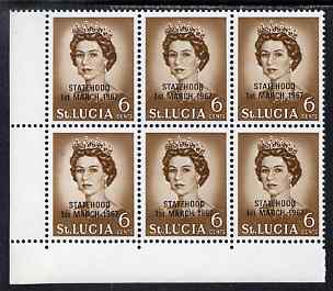 St Lucia 1967 unissued 6c with Statehood overprint in black, unmounted mint corner block of 6 with semi-constant black dot to left of Queen on R10/1 from overprint forme, stamps on royalty