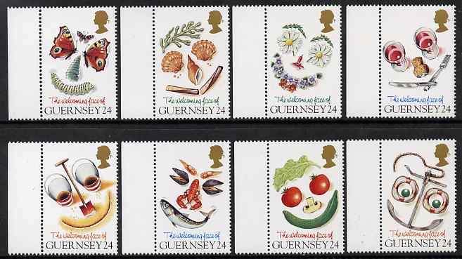 Guernsey 1995 The Welcoming Face of Guernsey set of 8 unmounted mint, SG 663-70, stamps on tourism, stamps on shells.fish, stamps on food, stamps on flowers, stamps on anchors, stamps on butterflies, stamps on wine, stamps on drink, stamps on alcohol, stamps on 