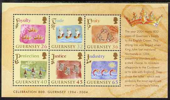 Guernsey 2004 800th Anniversary of Allegiance to England perf m/sheet of 6 unmounted mint, SG MS1044, stamps on ships, stamps on knots, stamps on fish