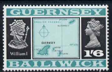 Guernsey 1969-70 1s 6d Map & William I (Type 2) unmounted mint, SG 23b, stamps on , stamps on  stamps on arms, stamps on  stamps on heraldry, stamps on  stamps on royalty