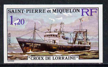 St Pierre & Miquelon 1976 Stern Trawlers 1f20 (Croix de Lorraine) imperf proofin issued colours unmounted mint, SG 550*, stamps on , stamps on  stamps on fishing    ships