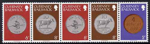Guernsey 1979-83 Booklet pane of 5 (2p, 2 x 6p, 2 x 8p) from Coins def set unmounted mint, SG 179a, stamps on coins, stamps on flowers, stamps on animals, stamps on bovine, stamps on cows, stamps on 