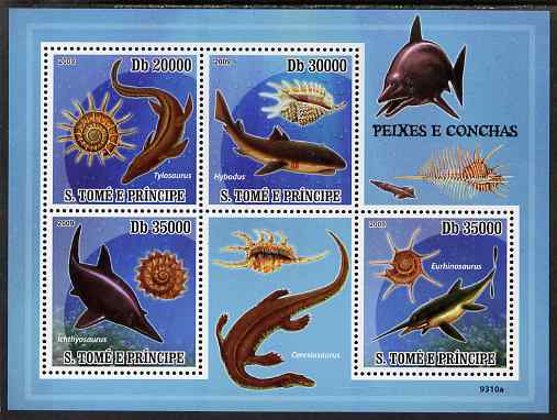 St Thomas & Prince Islands 2009 Pre-historic Fish & Shells perf sheetlet containing 4 values unmounted mint, stamps on dinosaurs, stamps on fish, stamps on shells, stamps on marine life, stamps on dolphins