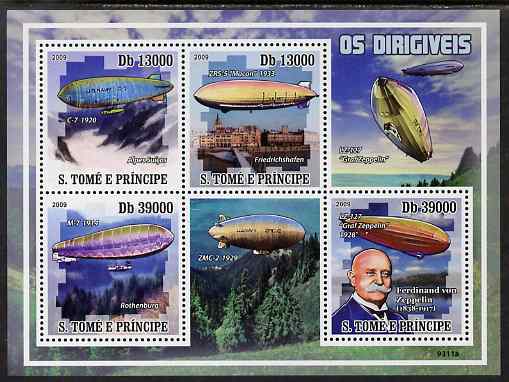 St Thomas & Prince Islands 2009 Airships & Zeppelins perf sheetlet containing 4 values unmounted mint, stamps on aviation, stamps on airships, stamps on zeppelins