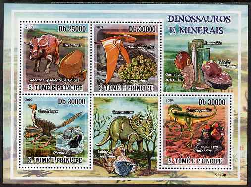 St Thomas & Prince Islands 2009 Dinosaurs & Minerals perf sheetlet containing 4 values unmounted mint, stamps on dinosaurs, stamps on minerals