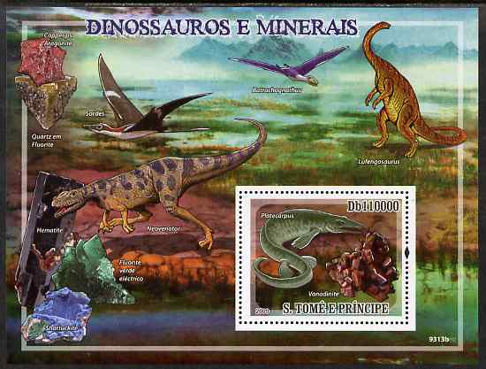 St Thomas & Prince Islands 2009 Dinosaurs & Minerals perf s/sheet unmounted mint, stamps on dinosaurs, stamps on minerals