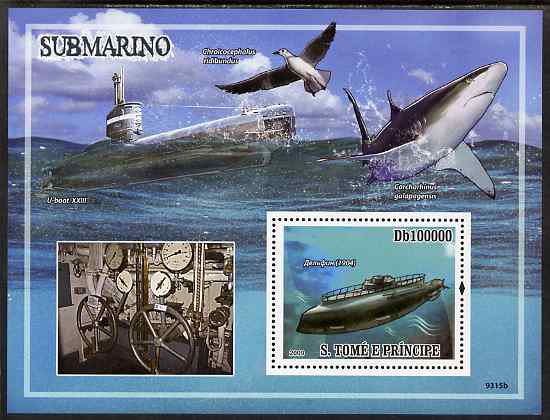 St Thomas & Prince Islands 2009 Submarines & Sharks perf sheetlet containing 4 values unmounted mint, stamps on , stamps on  stamps on ships, stamps on  stamps on submarines, stamps on  stamps on sharks, stamps on  stamps on marine life, stamps on  stamps on coral
