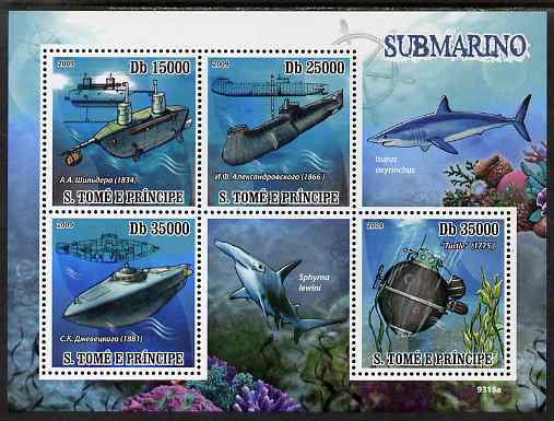 St Thomas & Prince Islands 2009 Submarines & Sharks perf s/sheet unmounted mint, stamps on ships, stamps on submarines, stamps on sharks, stamps on birds