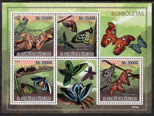 St Thomas & Prince Islands 2009 Worlds Largest Butterflies & Moths perf sheetlet containing 4 values unmounted mint, stamps on , stamps on  stamps on butterflies