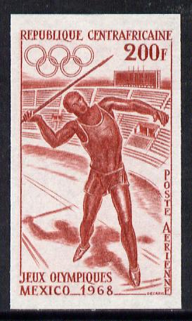 Central African Republic 1968 Mexico Olympics 200f (Javelin) imperf colour trial proof (several different combinations available but price is for ONE) as SG 160 unmounted mint, stamps on olympics    sport    javelin