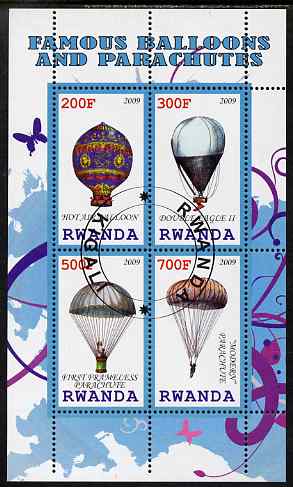 Rwanda 2009 Hot Air Balloons perf sheetlet containing 4 values fine cto used, stamps on aviation, stamps on balloons