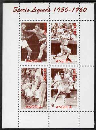 Angola 2000 Sports Legends 1950-1960 perf sheetlet containing 4 values (Boxing, Baseball, Golf & Tennis) unmounted mint. Note this item is privately produced and is offer..., stamps on personalities, stamps on sports, stamps on golf, stamps on baseball, stamps on tennis, stamps on boxing, stamps on women