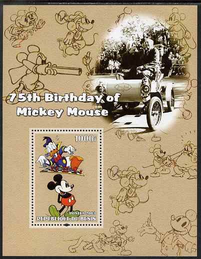 Benin 2003 75th Birthday of Mickey Mouse #08 perf s/sheet also showing Walt Disney & Chess unmounted mint. Note this item is privately produced and is offered purely on its thematic appeal, stamps on disney, stamps on cartoons, stamps on personalities, stamps on chess