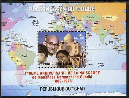 Chad 2009 World Personalities - Mahatma Gandhi perf s/sheet unmounted mint. Note this item is privately produced and is offered purely on its thematic appeal, stamps on personalities, stamps on gandhi, stamps on constitutions, stamps on maps, stamps on flags, stamps on gandhi