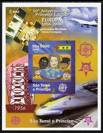 St Thomas & Prince Islands 2006 50th Anniversary of First Europa Stamp imperf souvenir sheet #3 Painting of Faces & Globe unmounted mint. Note this item is privately prod..., stamps on europa, stamps on aviation, stamps on concorde, stamps on railways, stamps on arts, stamps on satellites, stamps on globes