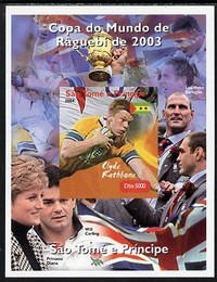 St Thomas & Prince Islands 2004 Rugby World Cup #3 Clyde Rathbone imperf souvenir sheet unmounted mint. Note this item is privately produced and is offered purely on its ..., stamps on sport, stamps on rugby, stamps on diana