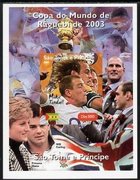 St Thomas & Prince Islands 2004 Rugby World Cup #4 Mike Tindall imperf souvenir sheet unmounted mint. Note this item is privately produced and is offered purely on its thematic appeal, stamps on sport, stamps on rugby, stamps on diana