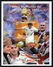 St Thomas & Prince Islands 2004 Rugby World Cup #5 Johnny Wilkinson imperf souvenir sheet unmounted mint. Note this item is privately produced and is offered purely on its thematic appeal, stamps on sport, stamps on rugby, stamps on diana
