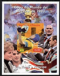 St Thomas & Prince Islands 2004 Rugby World Cup #9 Nathan Sharpe imperf souvenir sheet unmounted mint. Note this item is privately produced and is offered purely on its thematic appeal, stamps on sport, stamps on rugby, stamps on diana