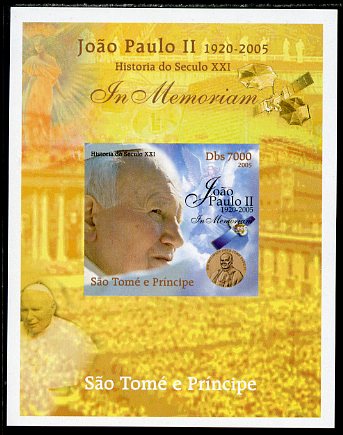 St Thomas & Prince Islands 2005 In Memoriam #1 Pope John Paul II imperf s/sheet unmounted mint. Note this item is privately produced and is offered purely on its thematic..., stamps on personalities, stamps on pope, stamps on religion, stamps on popes, stamps on angels