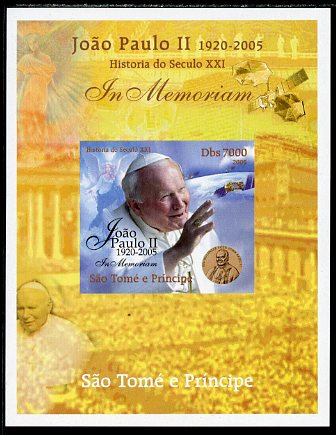 St Thomas & Prince Islands 2005 In Memoriam #2 Pope John Paul II imperf s/sheet unmounted mint. Note this item is privately produced and is offered purely on its thematic..., stamps on personalities, stamps on pope, stamps on religion, stamps on popes, stamps on angels