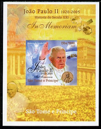 St Thomas & Prince Islands 2005 In Memoriam #3 Pope John Paul II imperf s/sheet unmounted mint. Note this item is privately produced and is offered purely on its thematic..., stamps on personalities, stamps on pope, stamps on religion, stamps on popes, stamps on angels