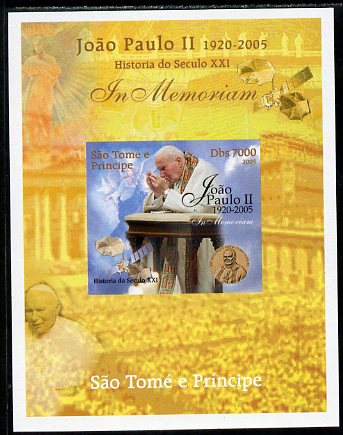 St Thomas & Prince Islands 2005 In Memoriam #4 Pope John Paul II imperf s/sheet unmounted mint. Note this item is privately produced and is offered purely on its thematic..., stamps on personalities, stamps on pope, stamps on religion, stamps on popes, stamps on angels