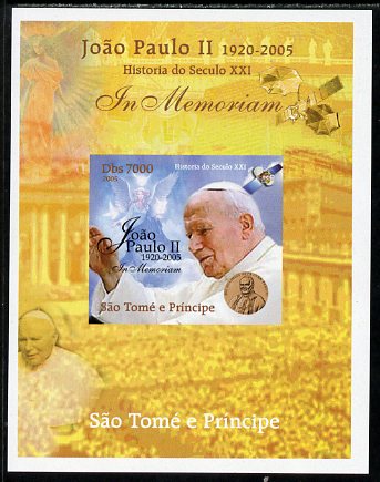 St Thomas & Prince Islands 2005 In Memoriam #5 Pope John Paul II imperf s/sheet unmounted mint. Note this item is privately produced and is offered purely on its thematic..., stamps on personalities, stamps on pope, stamps on religion, stamps on popes, stamps on angels