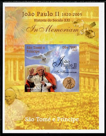 St Thomas & Prince Islands 2005 In Memoriam #6 Pope John Paul II imperf s/sheet unmounted mint. Note this item is privately produced and is offered purely on its thematic..., stamps on personalities, stamps on pope, stamps on religion, stamps on popes, stamps on angels