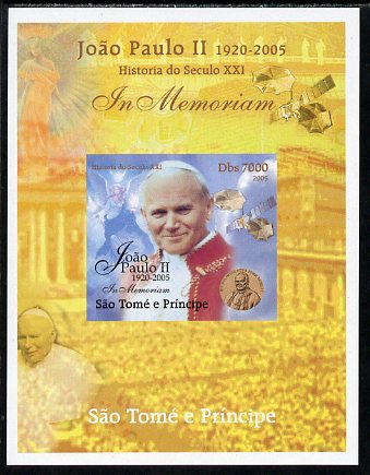 St Thomas & Prince Islands 2005 In Memoriam #7 Pope John Paul II imperf s/sheet unmounted mint. Note this item is privately produced and is offered purely on its thematic..., stamps on personalities, stamps on pope, stamps on religion, stamps on popes, stamps on angels