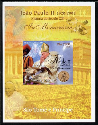 St Thomas & Prince Islands 2005 In Memoriam #9 Pope John Paul II imperf s/sheet unmounted mint. Note this item is privately produced and is offered purely on its thematic..., stamps on personalities, stamps on pope, stamps on religion, stamps on popes, stamps on angels