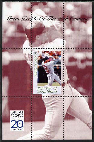Somaliland 1999 Great People of the 20th Century - Mark McGwire (Baseball) perf souvenir sheet unmounted mint. Note this item is privately produced and is offered purely ..., stamps on personalities, stamps on sport, stamps on baseball, stamps on millennium