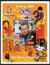 St Thomas & Prince Islands 2004 Beijing Olympic Games - Table Tennis Stars #2 - Torben Wosik imperf souvenir sheet unmounted mint. Note this item is privately produced an..., stamps on personalities, stamps on sport, stamps on olympics, stamps on table tennis