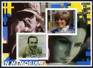 Somalia 2001 In Memoriam - Princess Diana & Walt Disney #01 imperf sheetlet containing 2 values with Spielberg & Greta Garbo in background unmounted mint. Note this item ..., stamps on personalities, stamps on millennium, stamps on films, stamps on cinema, stamps on disney, stamps on royalty, stamps on diana, stamps on 